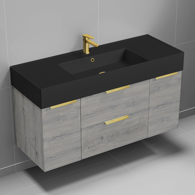 Nameeks DERIN668 Modern Bathroom Vanity With Black Sink, Wall Mounted, 48 Inch, Grey Oak